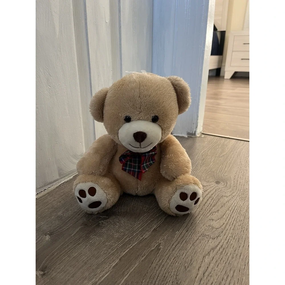 Classic Teddy Bear Plush Beige with Red Plaid Bow Soft Toy